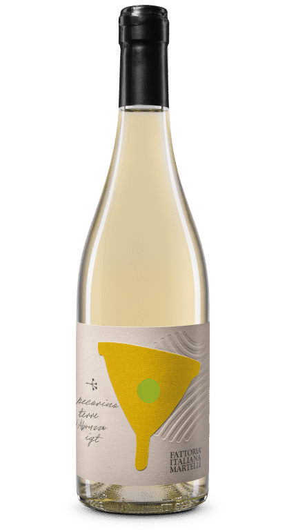 Bottiglia di vino bianco pecorino della linea imbuto rappresentato sull'etichetta