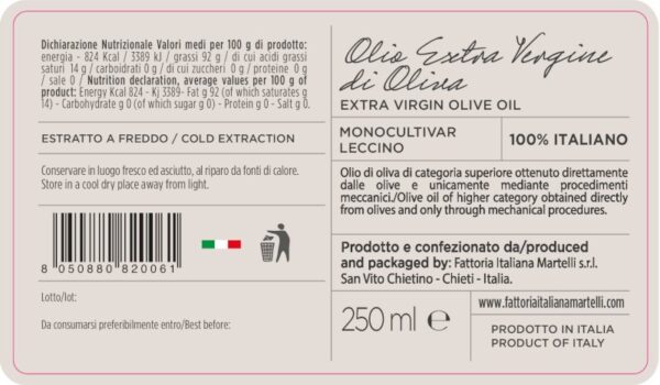 Extra virgin italian olive oil monocultivar Leccino back